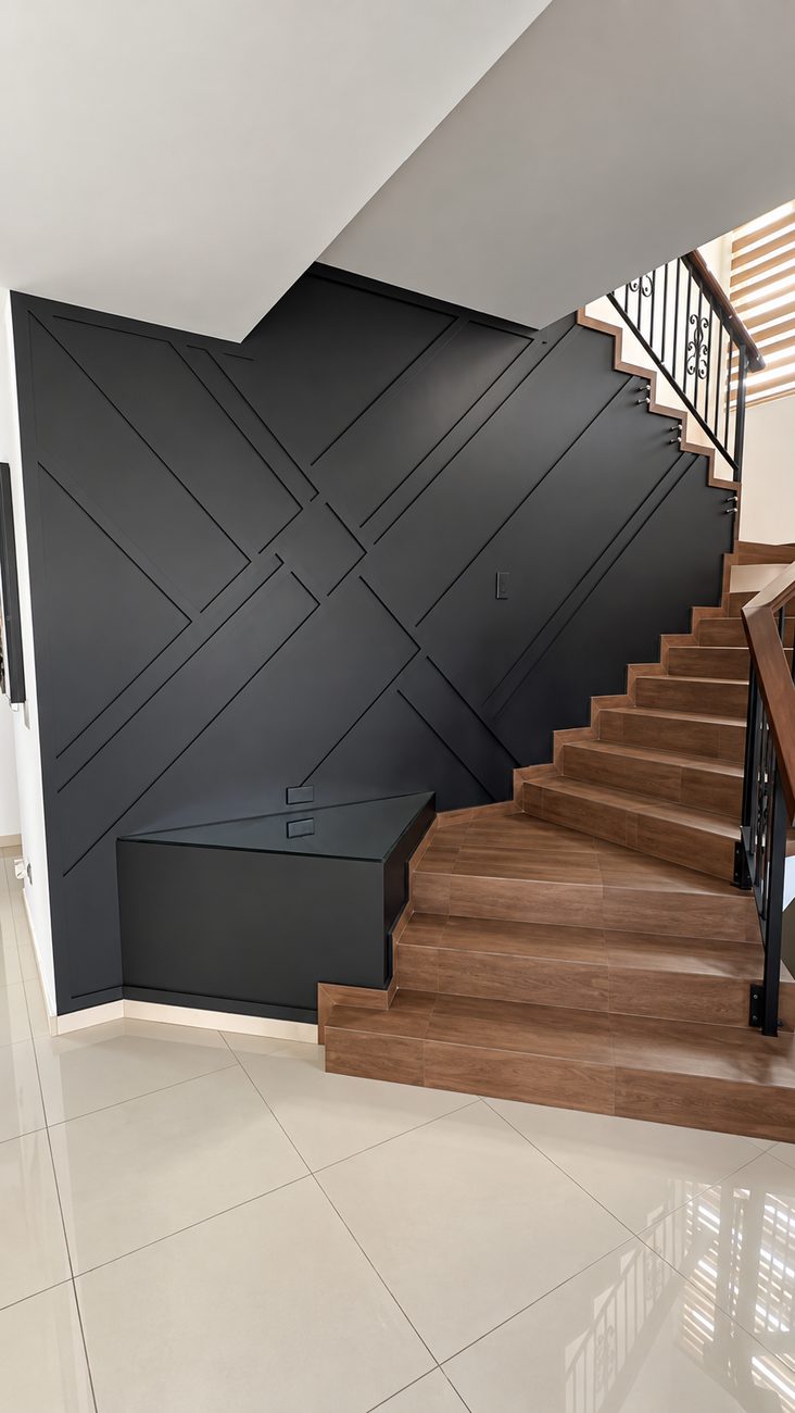 Matte black accent wall with crossing diagonal battens beside a wood-tread staircase