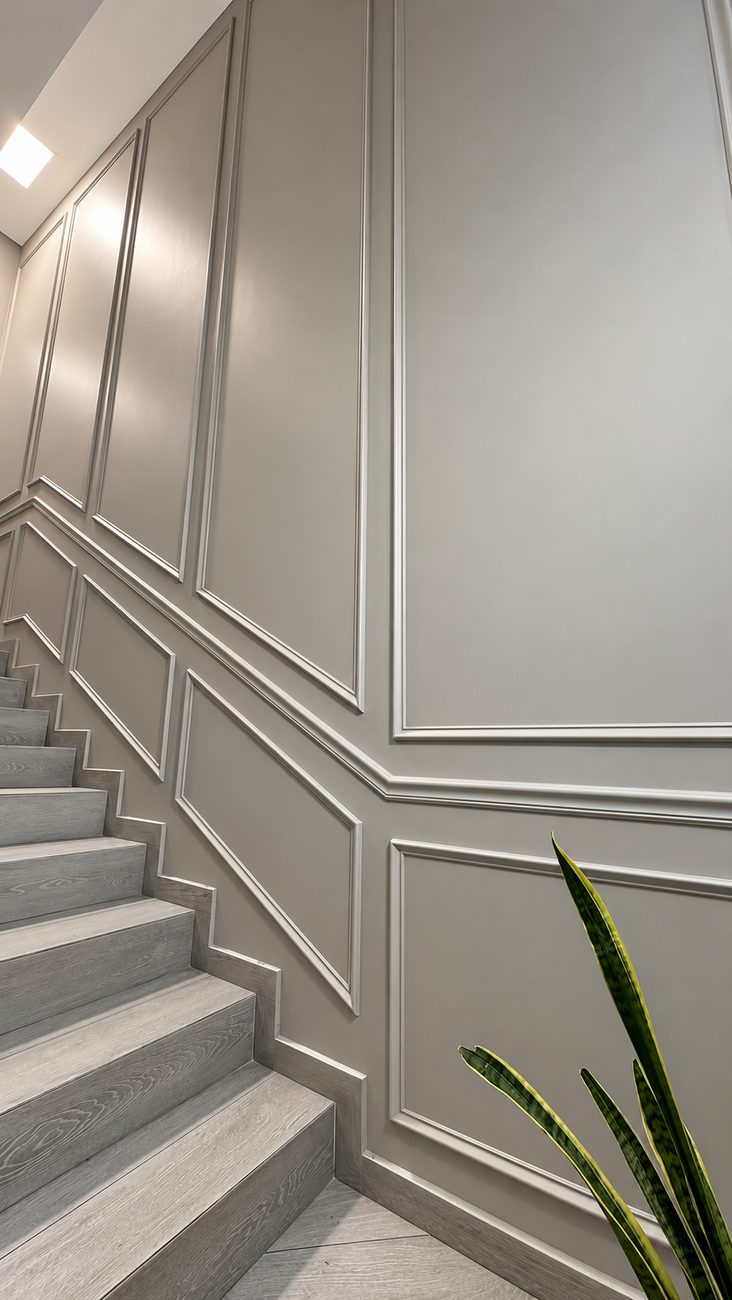 Grey stairwell wall with picture-frame moulding and chair rail following the rake of the stairs