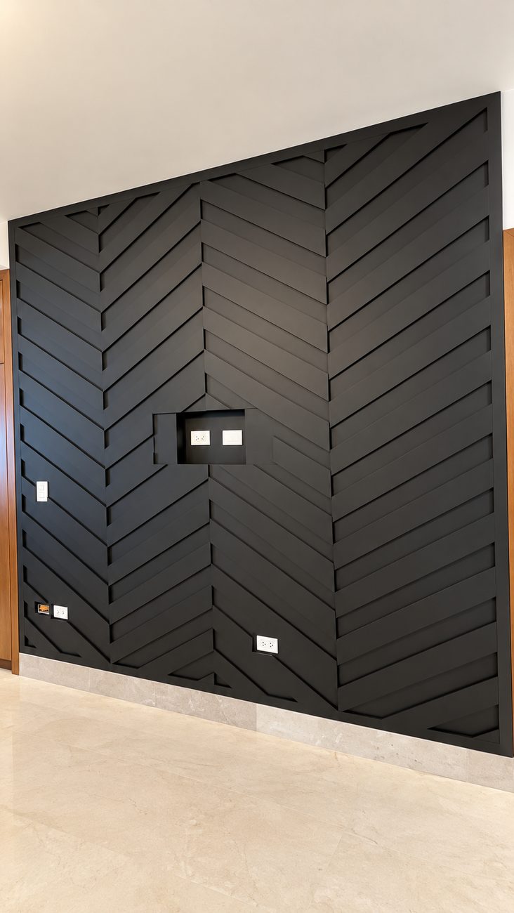 Full-height black accent wall in a mitred chevron layout, with the switches set into a recessed niche so the pattern runs unbroken