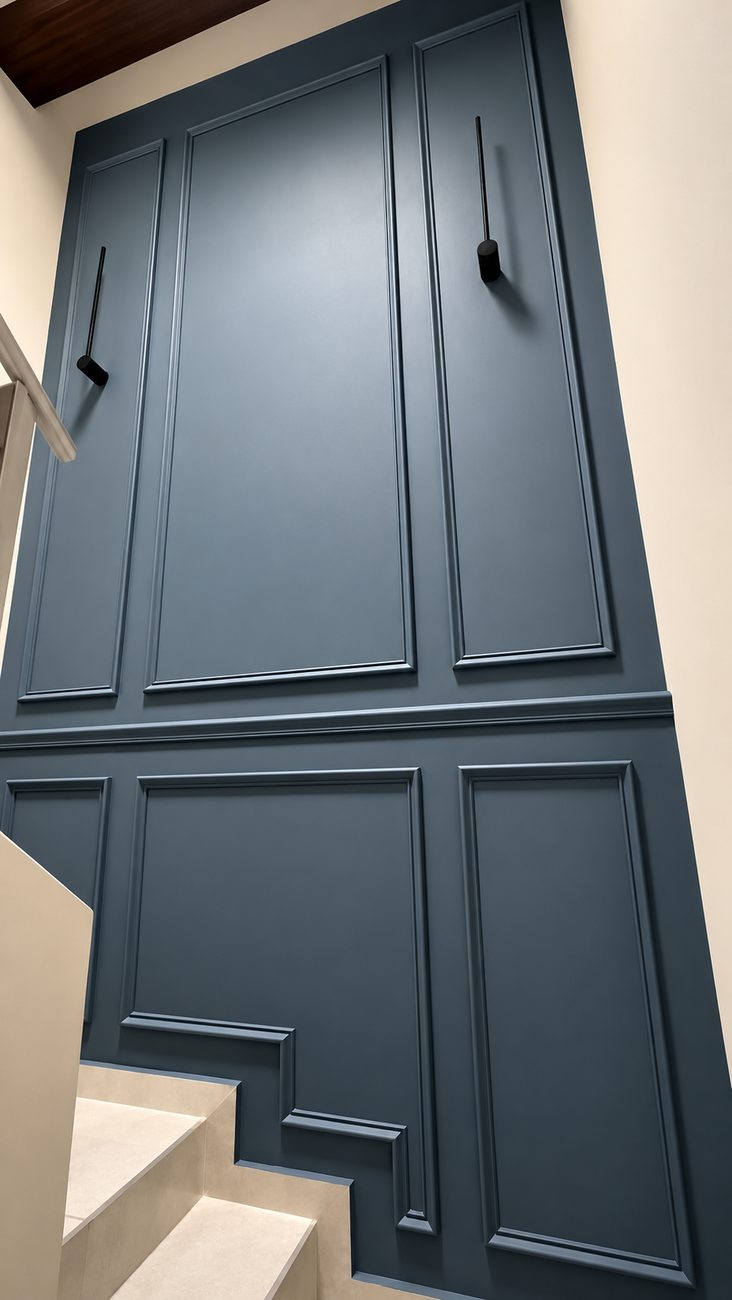 Deep blue panelled wall in a stairwell, the moulding and chair rail stepping down to follow the stair