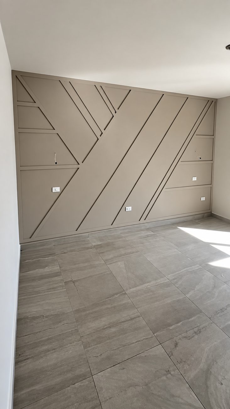 Greige accent wall with an asymmetric diagonal batten layout running corner to corner