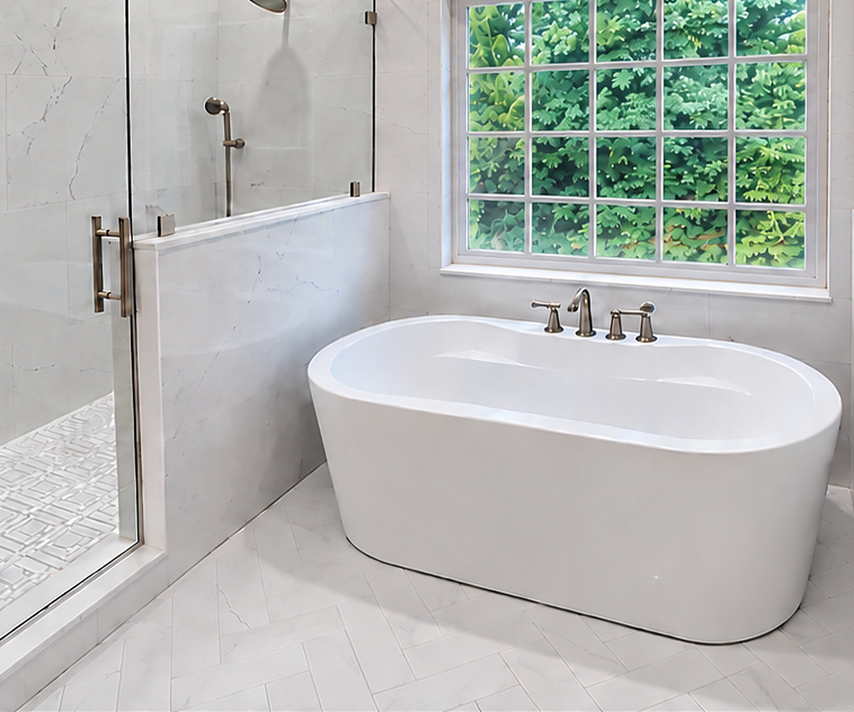 The same bathroom finished, with a glass shower enclosure, marble-look tile and a freestanding tub under the window