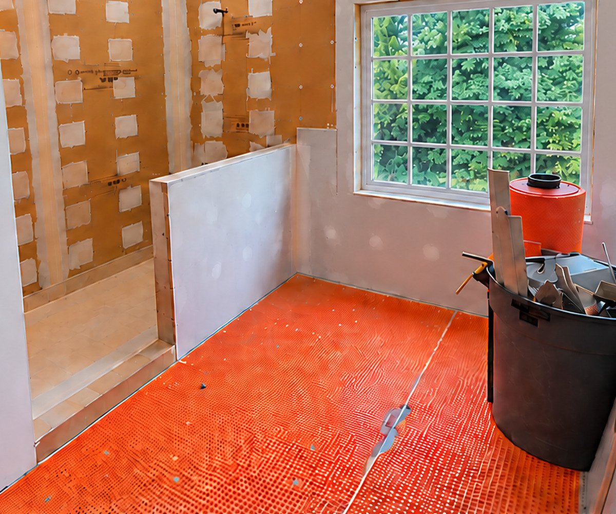 Bathroom under construction with orange Schluter-KERDI membrane over the shower walls and the full floor