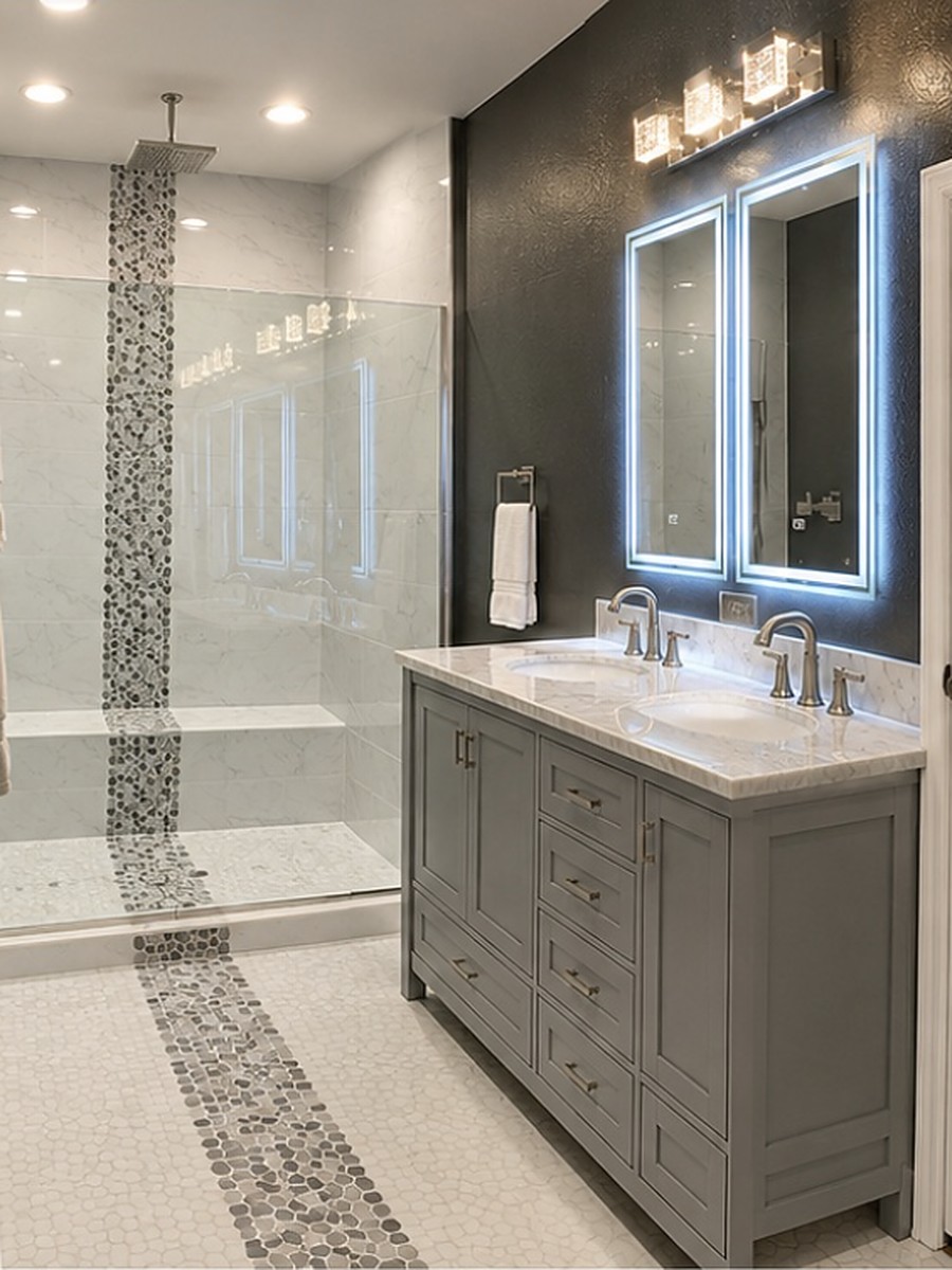 Finished master bathroom with a glass walk-in shower, pebble mosaic band, grey double vanity and backlit mirrors