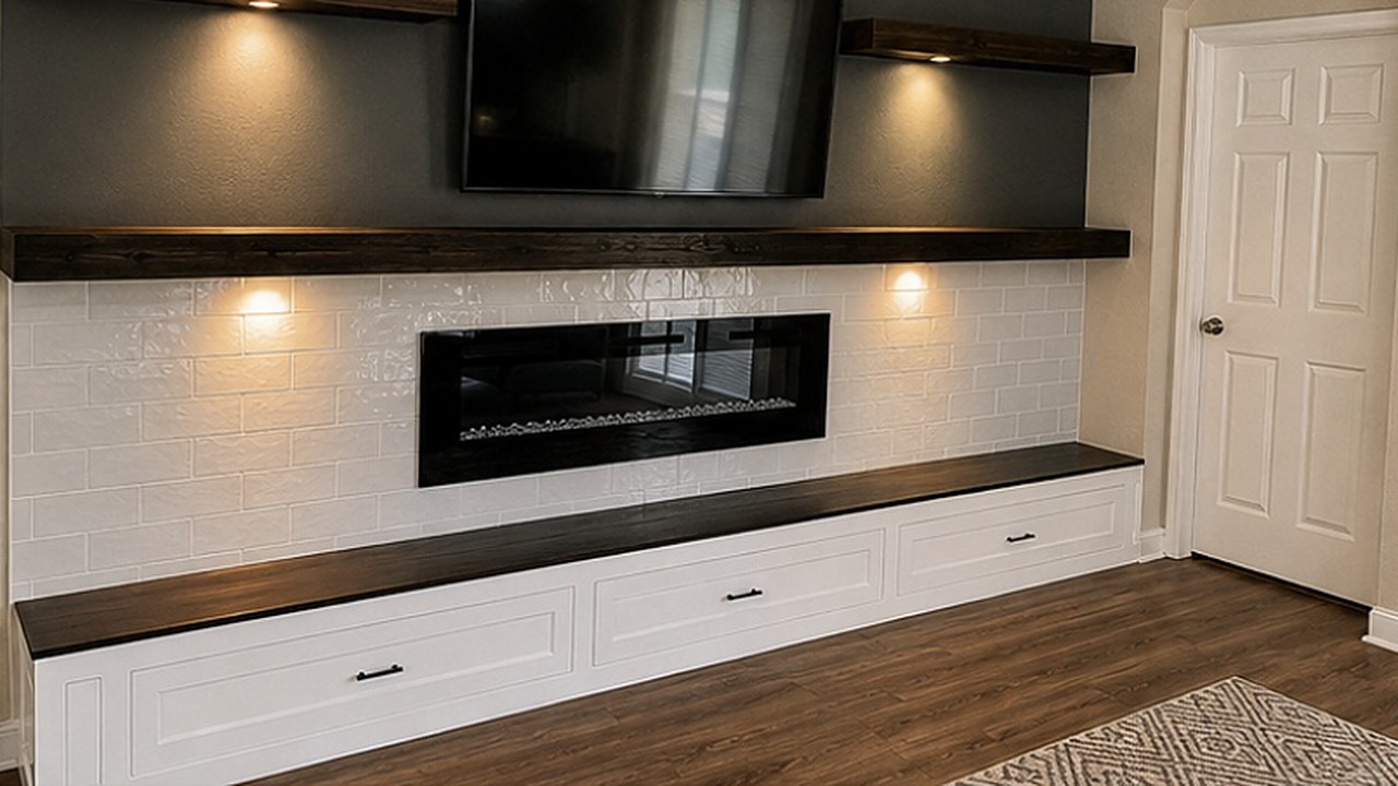 Built-in media wall with a linear electric fireplace, white tile surround, stained timber shelves with downlights and white cabinetry