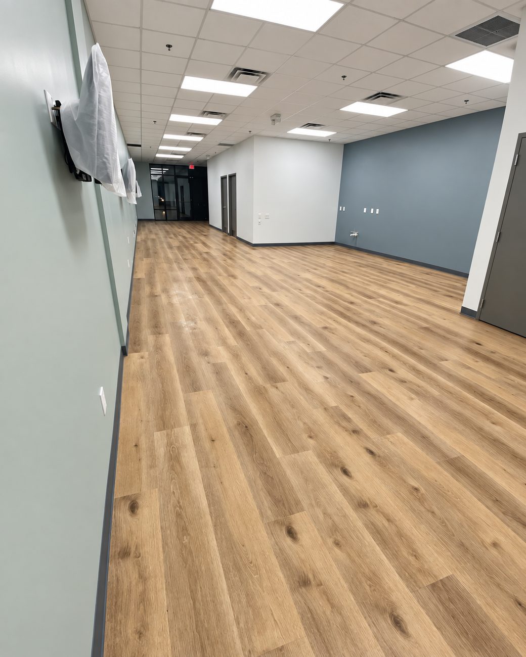 Empty finished commercial floor with drop ceiling, blue accent wall and plank flooring