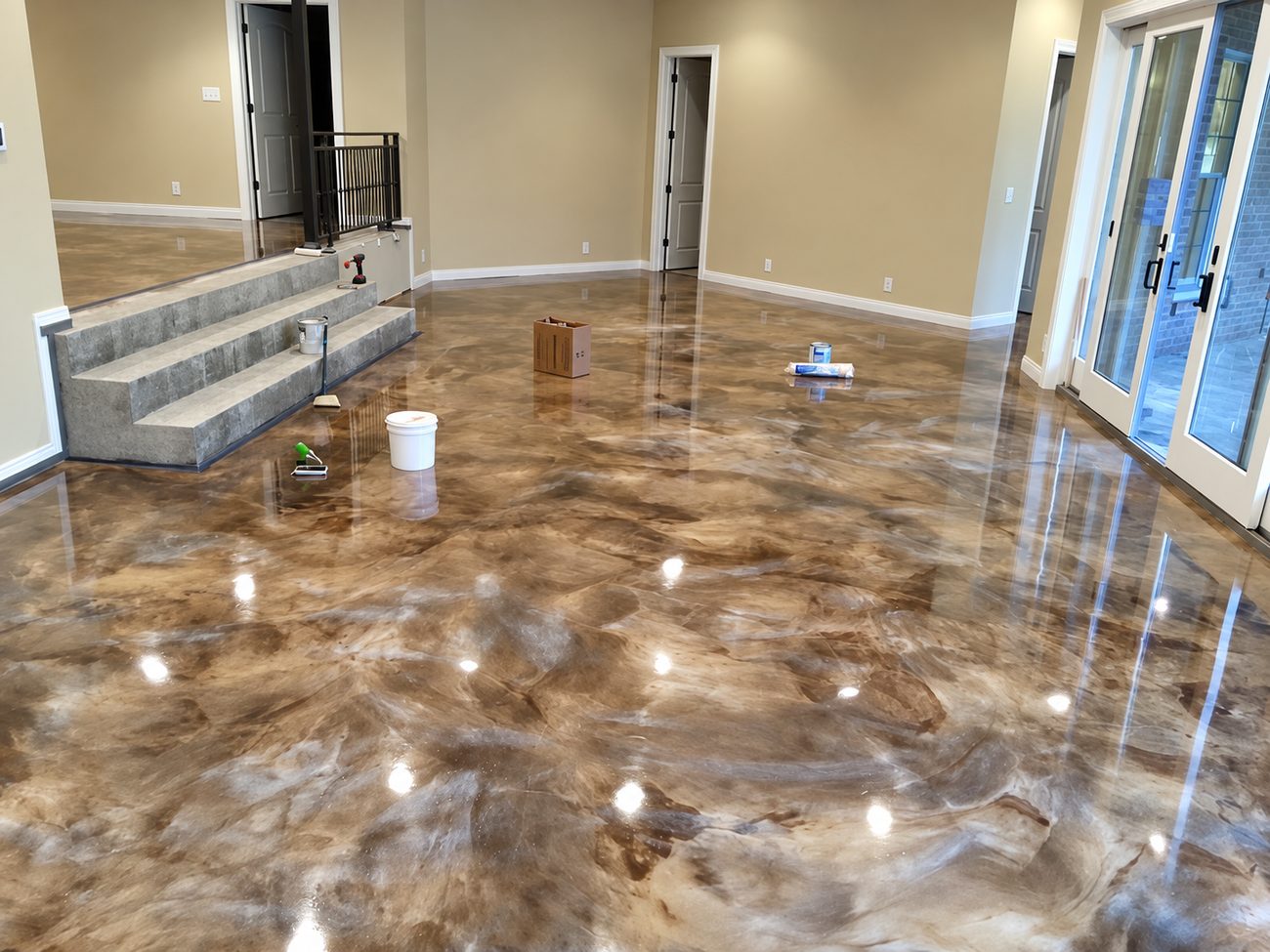 Copper and brown metallic epoxy floor in a basement with buckets and a roller still in the room