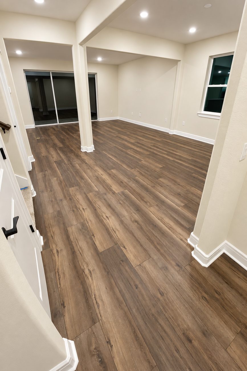 Dark luxury vinyl plank flooring running through an open plan living area