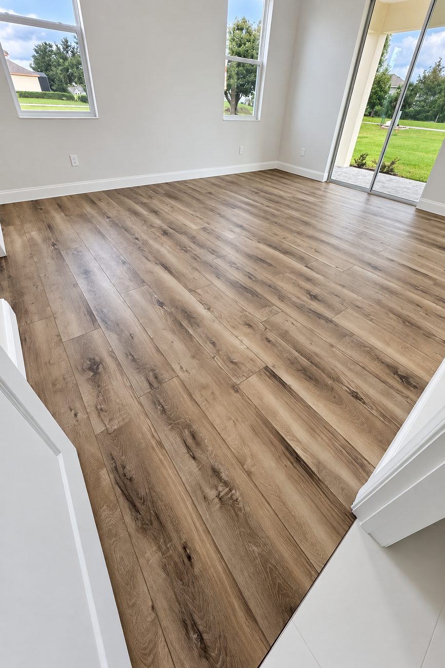 Wide plank luxury vinyl flooring in an empty room with sliding glass doors