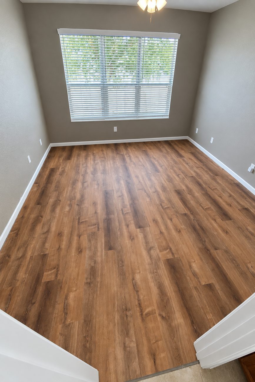 Warm brown plank flooring in a bedroom with white baseboards