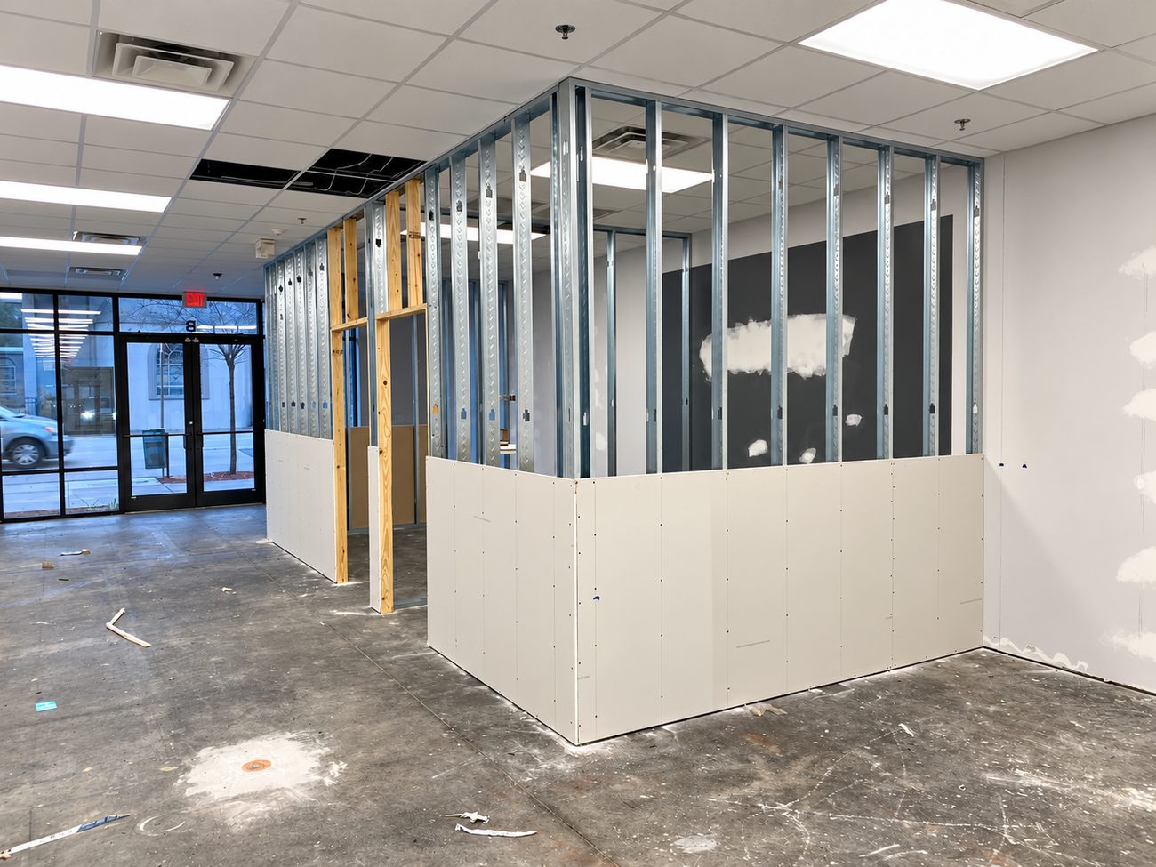 Steel stud partition walls on a commercial build-out with drywall partially installed