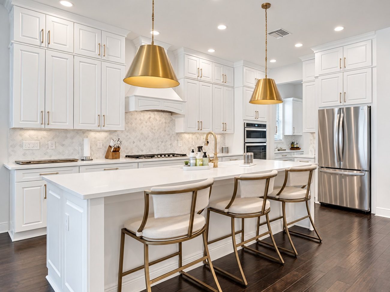 White kitchen with custom range hood, marble mosaic backsplash and double wall ovens