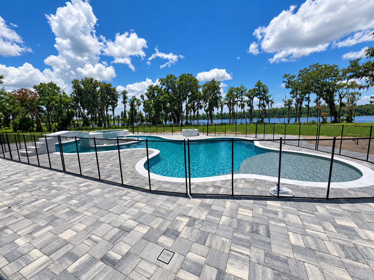 Grey paver pool deck surrounding a freeform pool with a lake beyond